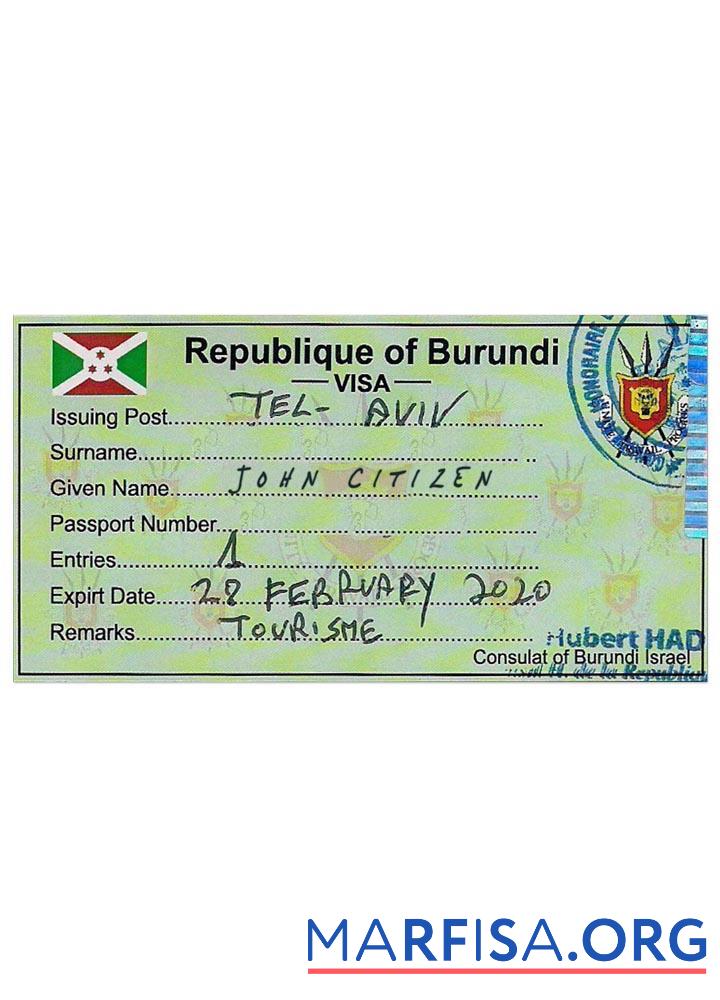 Printable Burundi entry visa real example